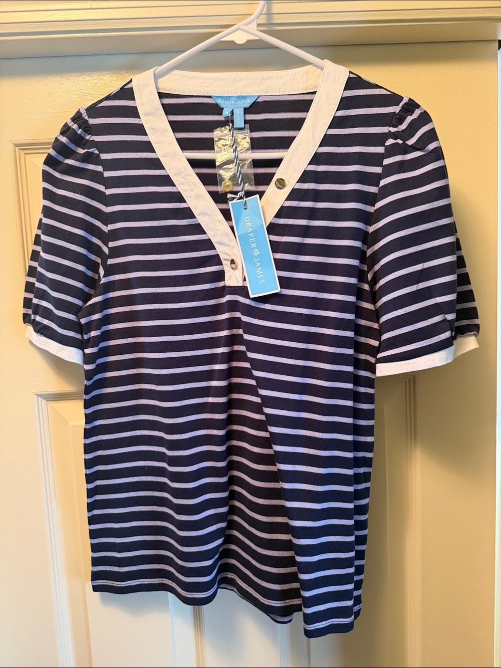 Draper James Navy & White Striped V-Neck Top with White Trim